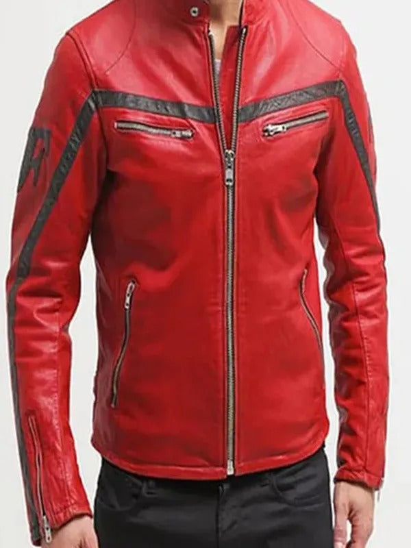 Men’s Red Café Racer Leather Motorcycle Jacket for Christmas