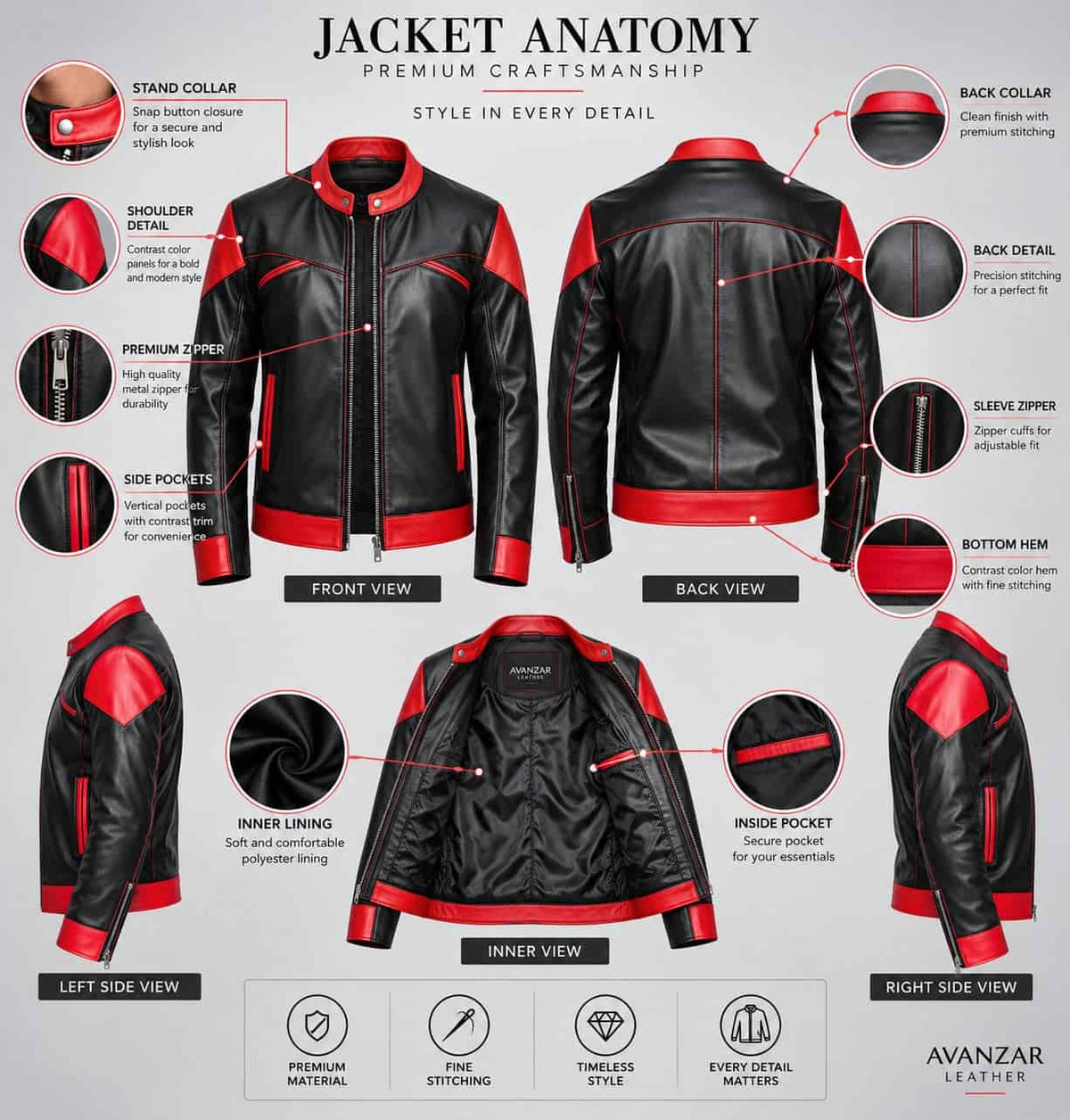 Anatomy detail of men’s black and red genuine leather slim fit biker jacket showing leather panels, zipper closure, pockets, stitching, cuffs and hem details