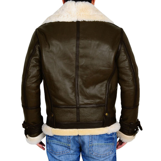 Army Green Men’s B3 Bomber Shearling Leather Jacket - Classic Military Warmth Army Green Men’s B3 Bomber Shearling Leather Jacket - Classic Military Warmth