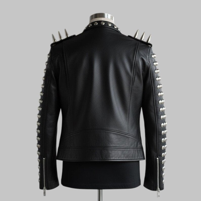 Black Spiked Leather Biker Jacket Silver Studded Moto