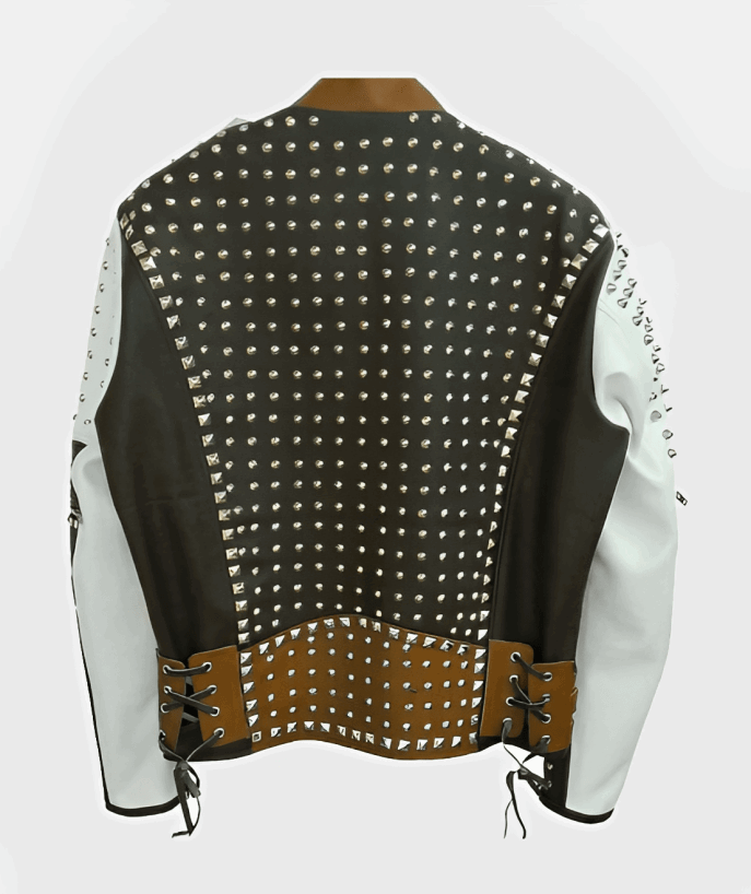 Men's Brown & White Studded Leather Biker Jacket by Avanzar