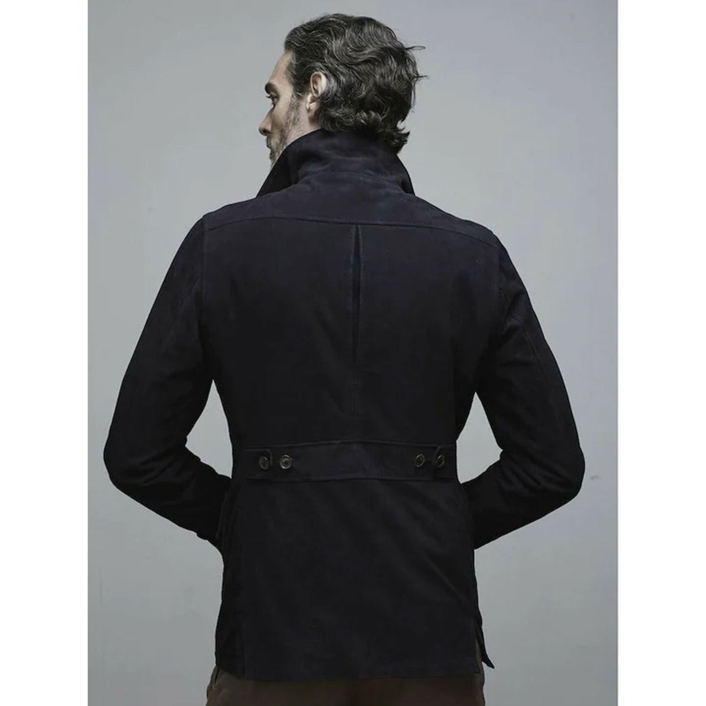 Men's Chocolate Medium Blue Suede Leather Bomber Shirt Jacket - Jeans Style