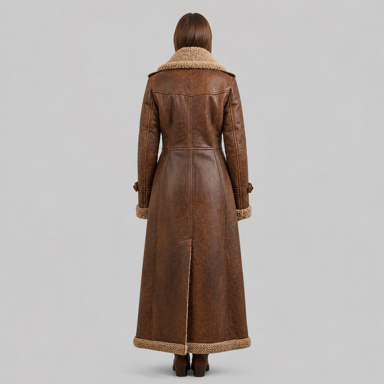 Back view of long distressed leather winter coat by avanzar leather
