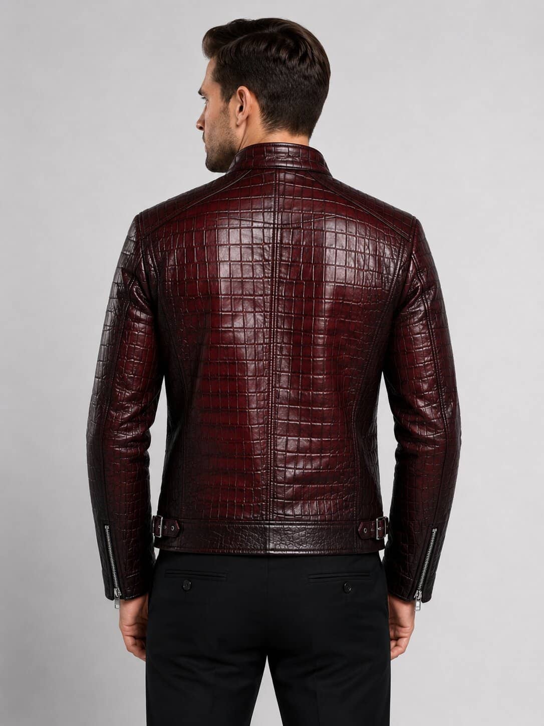 Back view black burgundy crocodile embossed biker jacket men by avanzar leather