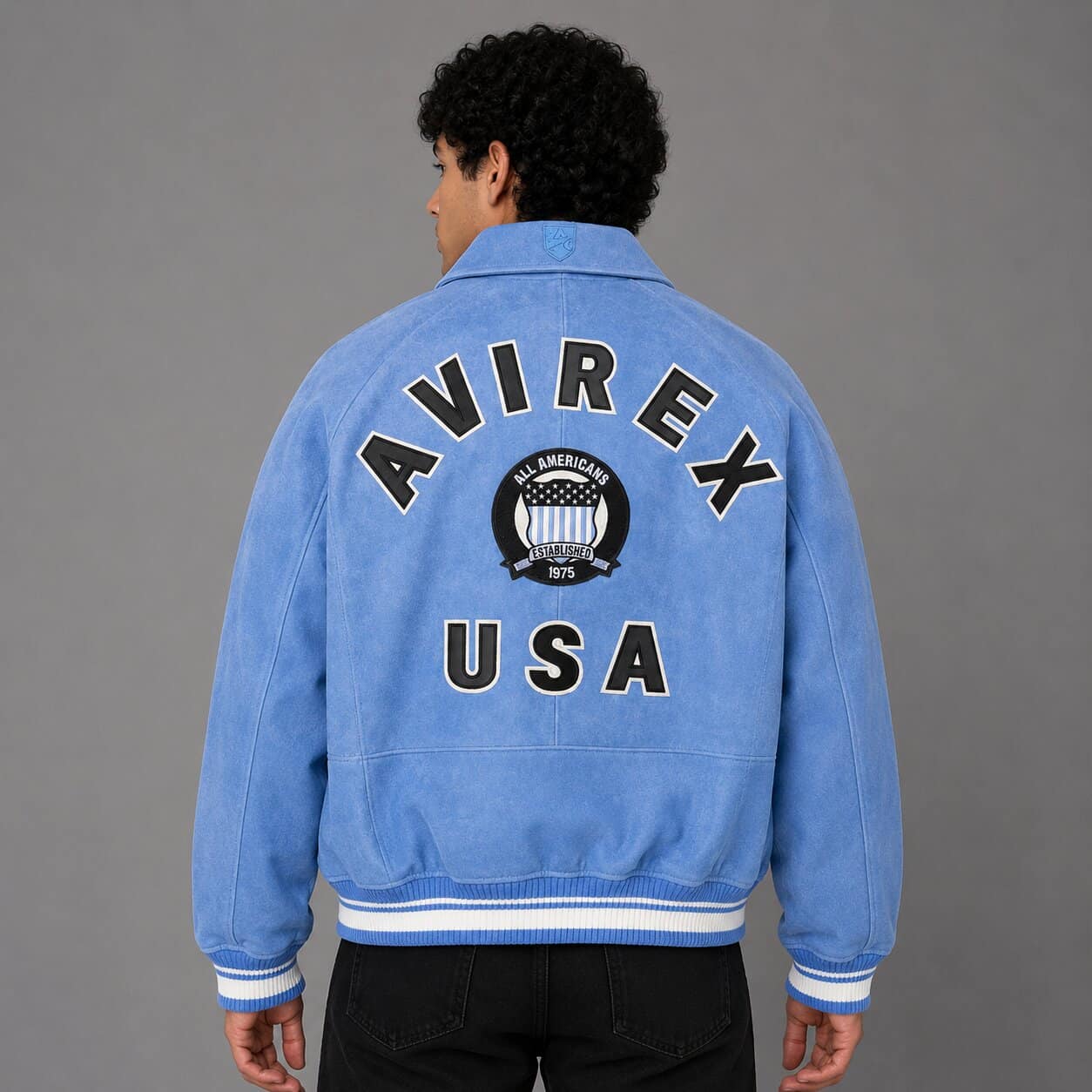 Back view denim and leather varsity bomber jacket Avirex