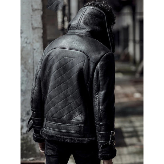 Men's Black Double Collar B3 Airforce Shearling Sheepskin Leather Jacket Men's Black Double Collar B3 Airforce Shearling Sheepskin Leather Jacket