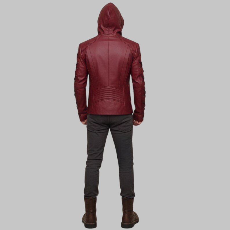 Men Burgundy Lace Up Leather Jacket Hooded
