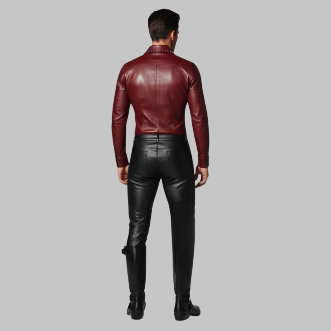 Men Burgundy Lace Up Leather Shirt Slim Fit