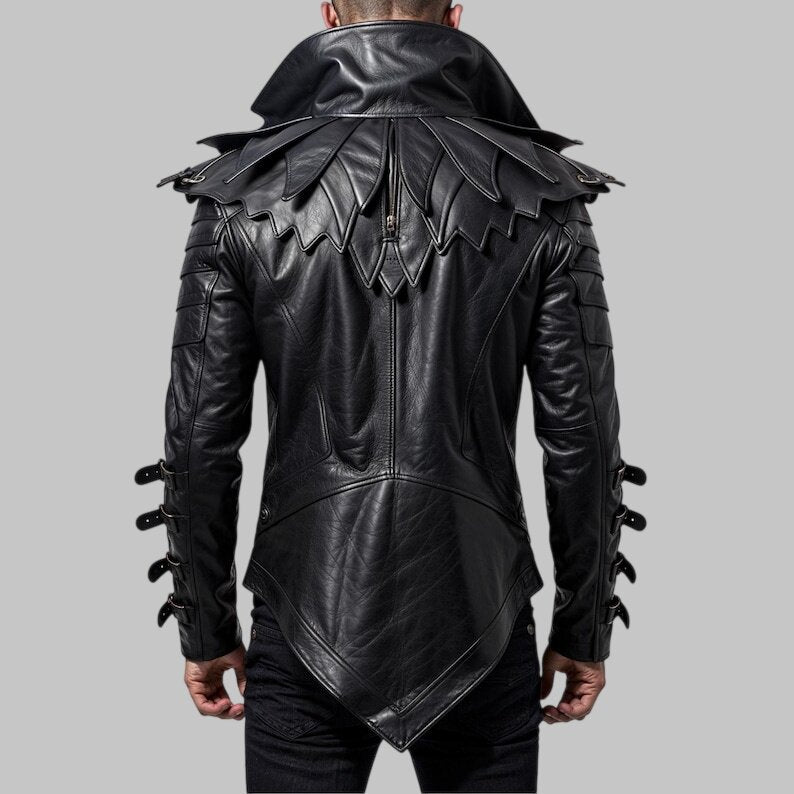 Men Gothic Raven Leather Jacket Spiked Collar Biker Costume