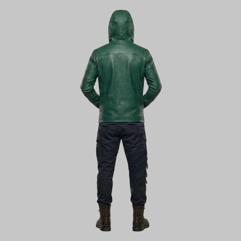 Men Green Leather Hoodie Zip Up Modern Fit