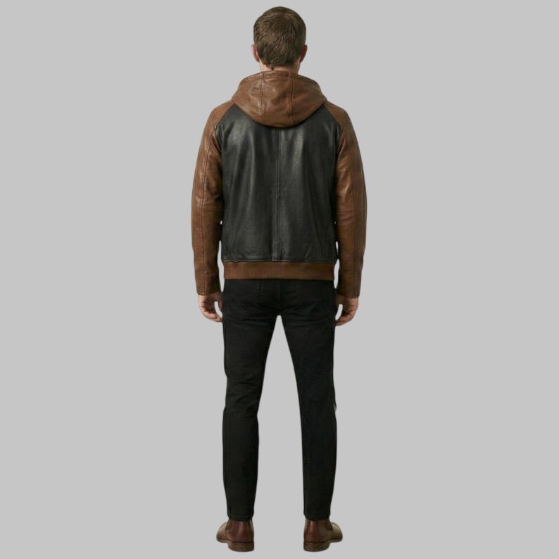 Men Leather Hooded Jacket Zip Up Biker Style