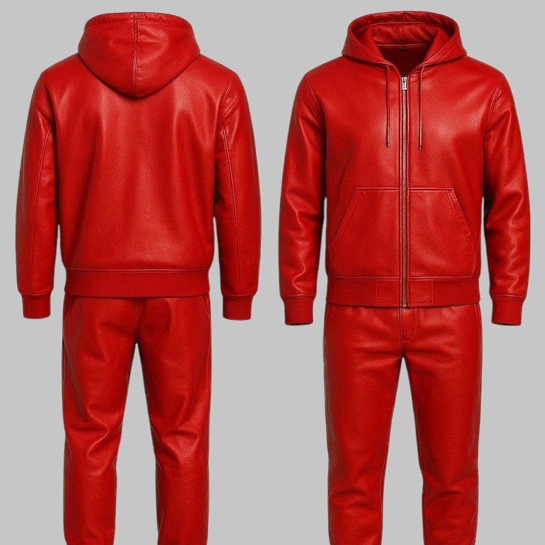 Men Red Leather Tracksuit Genuine Leather Jogging Sweatsuit