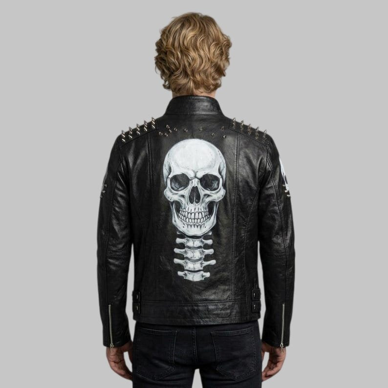 Men Spiked Skeleton Studded Biker Leather Jacket