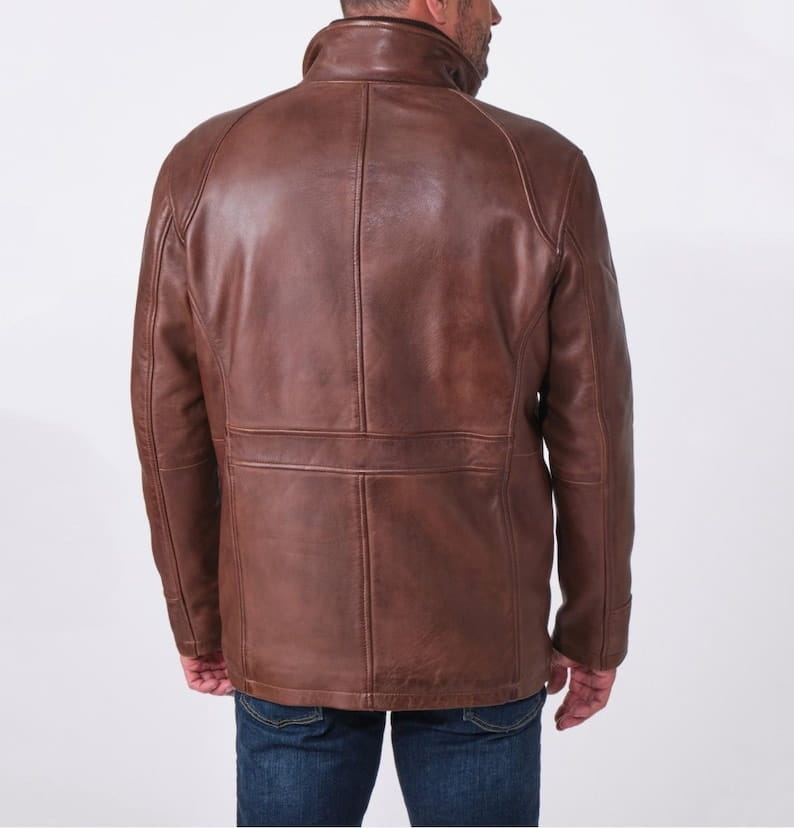 Men Vintage Brown Leather Field Jacket with Removable Bib