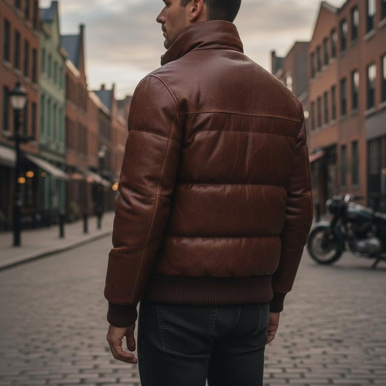 Men Vintage Brown Leather Puffer Jacket