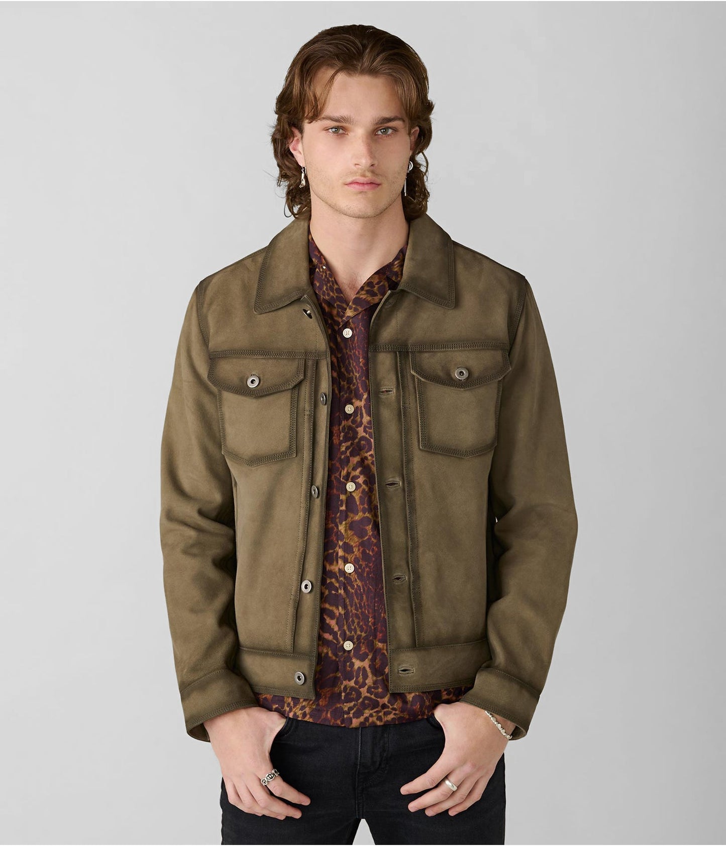 Men's Olive Green Suede Leather Trucker Jacket by Avanzar