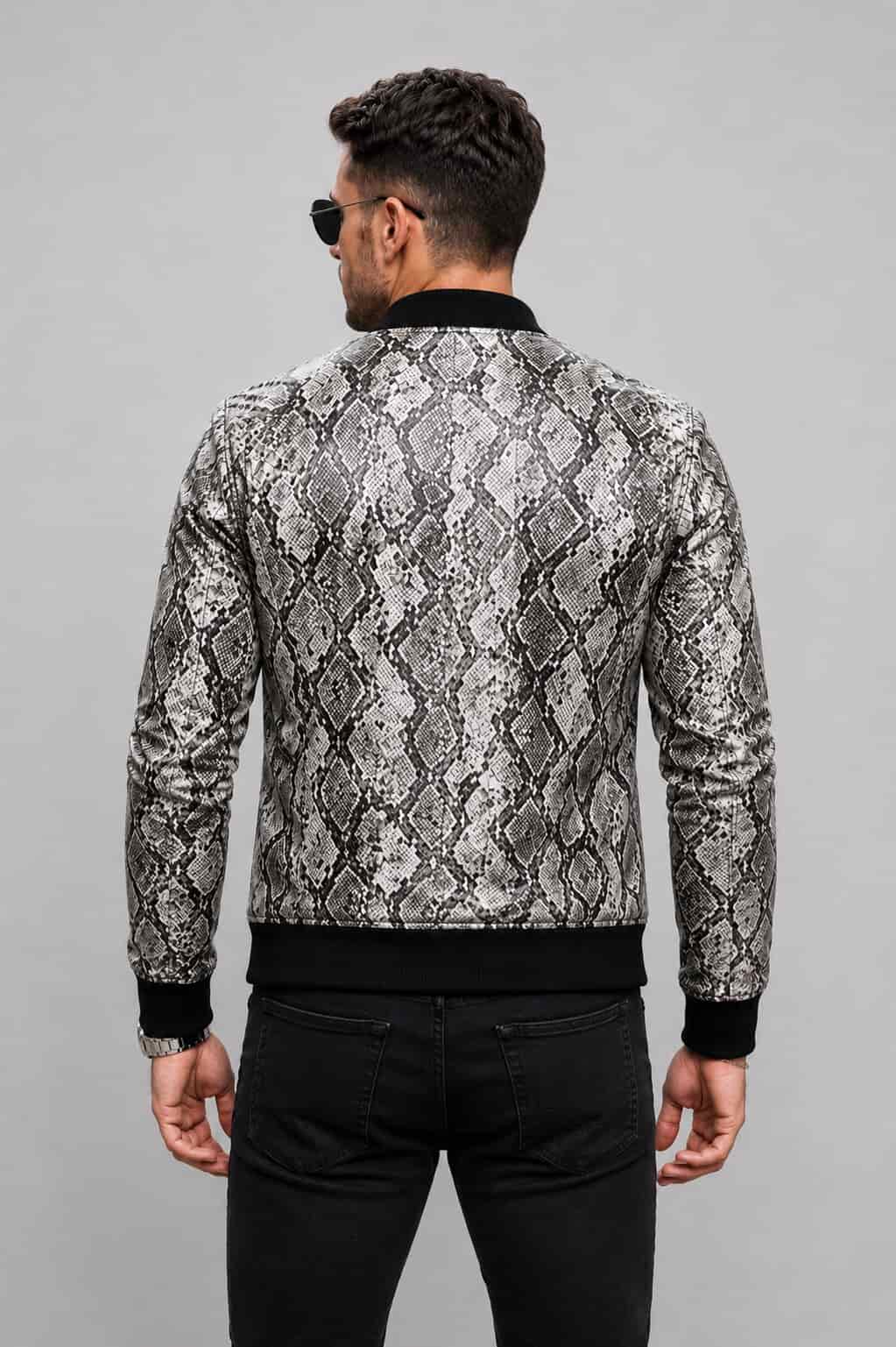 Back view black python print leather bomber jacket men avanzar leather