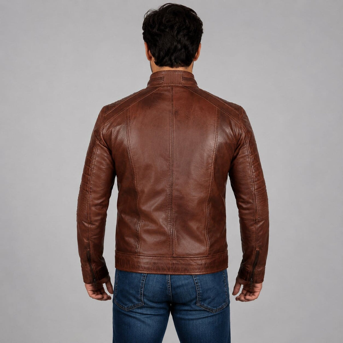 Men’s Cognac Brown Distressed Motorcycle Leather Jacket - Premium Style back view by avanzar leather