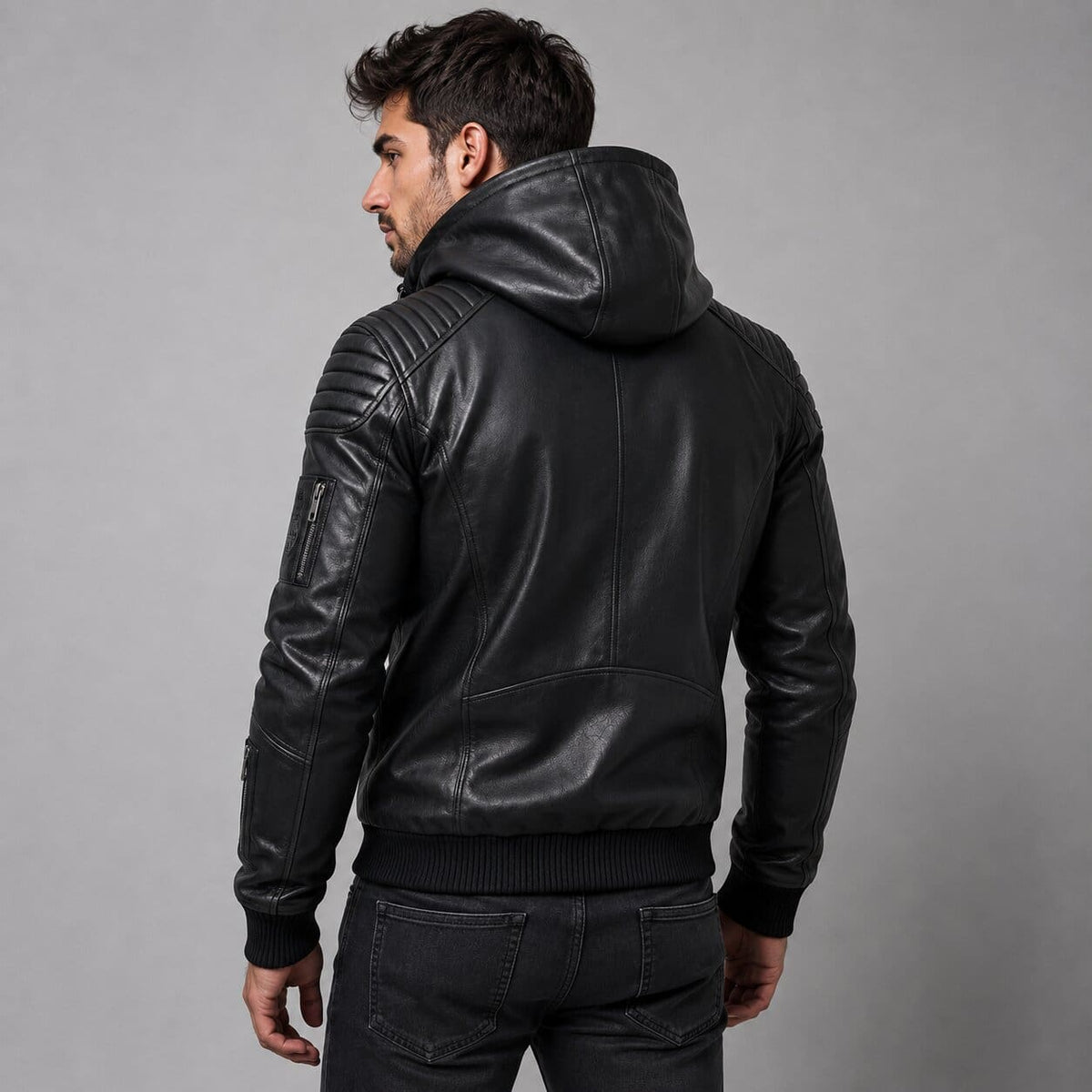 Men's Handmade Black Leather Biker Hoodie - Genuine Leather Style back view by avanzar leather