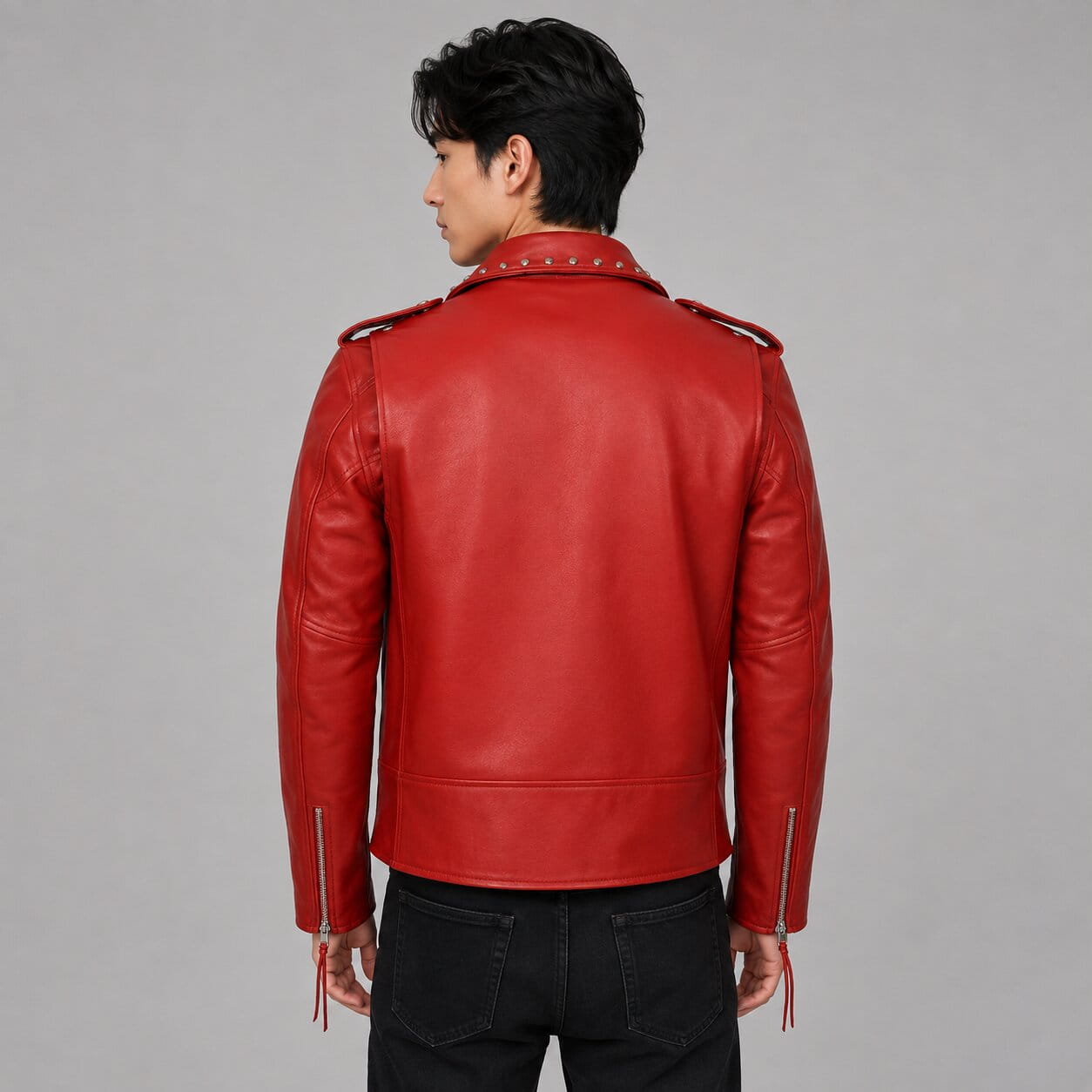 Men's Red Cowhide Leather Biker Jacket - Durable Riding Outerwear back view by avanzar leather