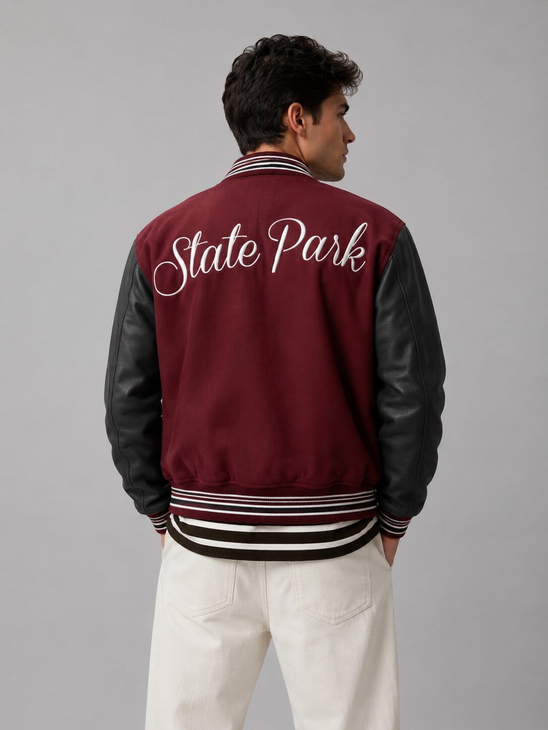 Men's Red Varsity Bomber Leather Jacket - Classic Design back view by avanzar leather