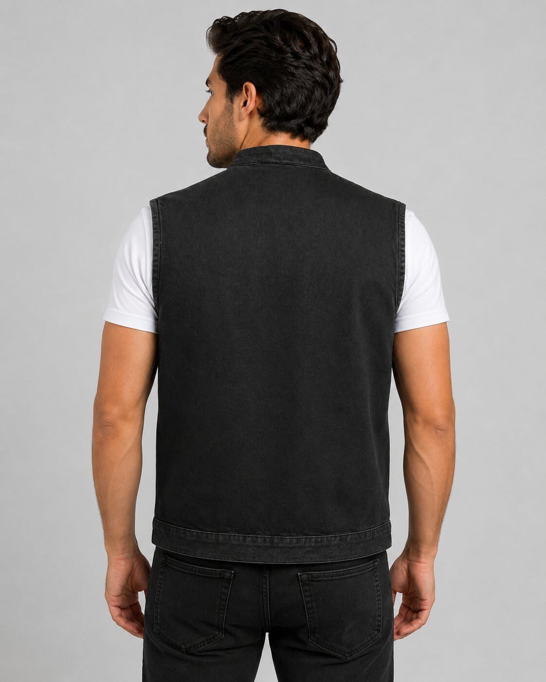 Men's Snap Front Denim Club Style Vest - Classic Rider Look back view by avanzar leather