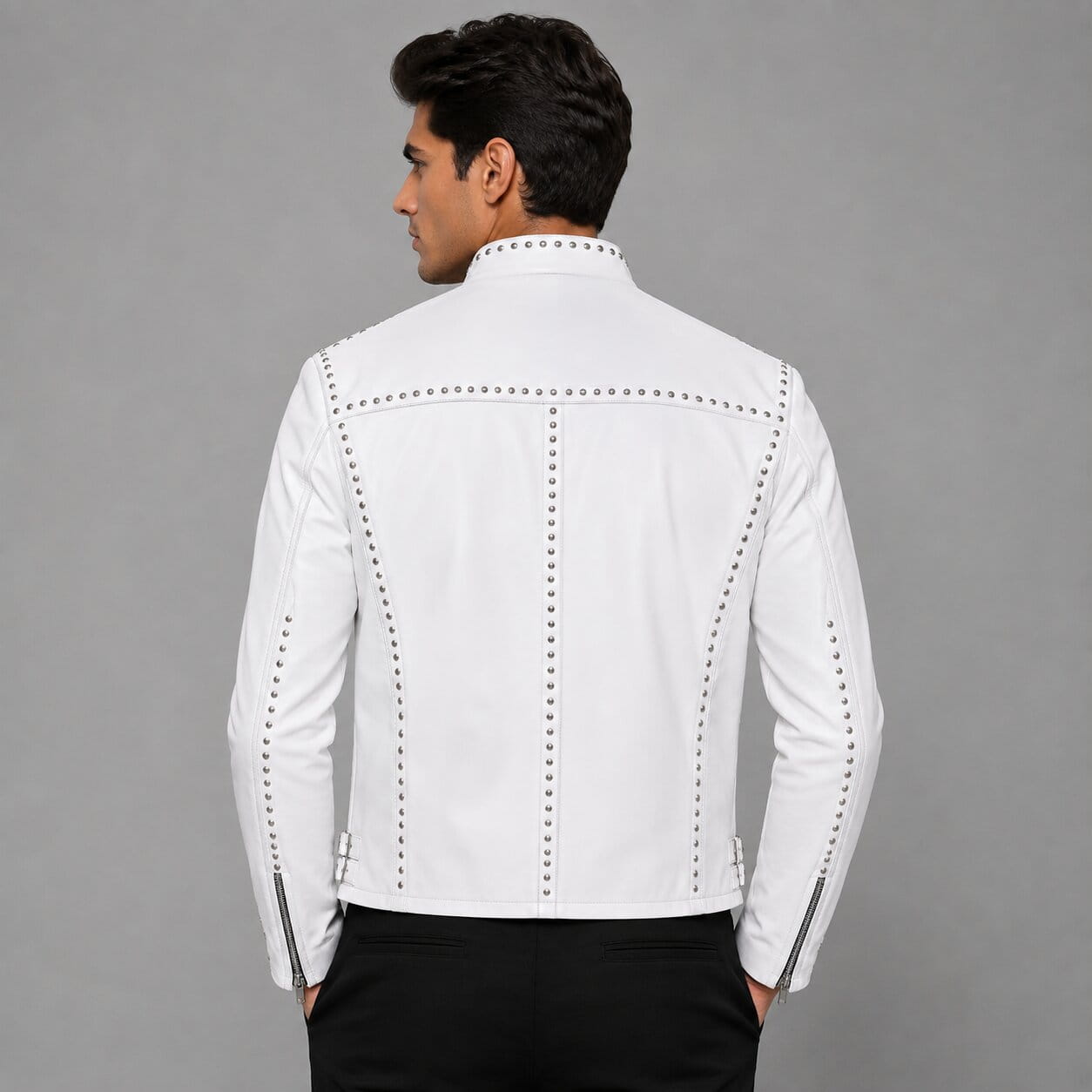 Men's White Studded Brando Leather Biker Jacket - Bold Style back view by avanzar leather