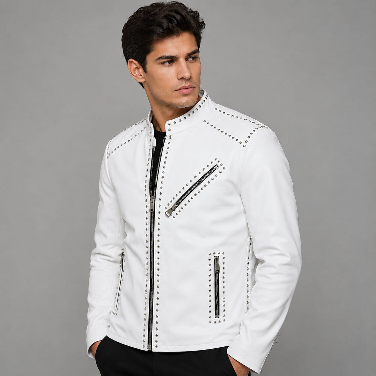 Men's White Studded Brando Leather Biker Jacket | Avanzar Leather