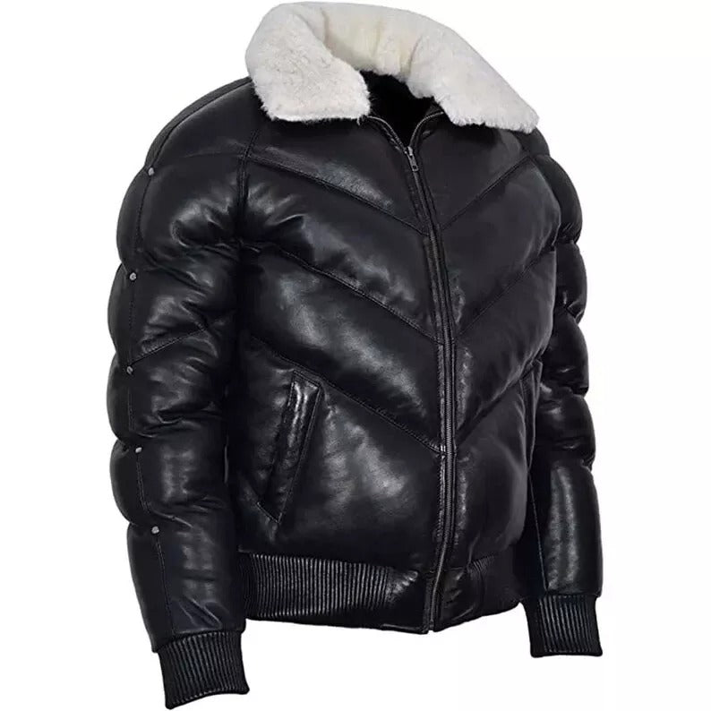 Men’s Black Leather V Bomber Puffer Jacket with White Fur