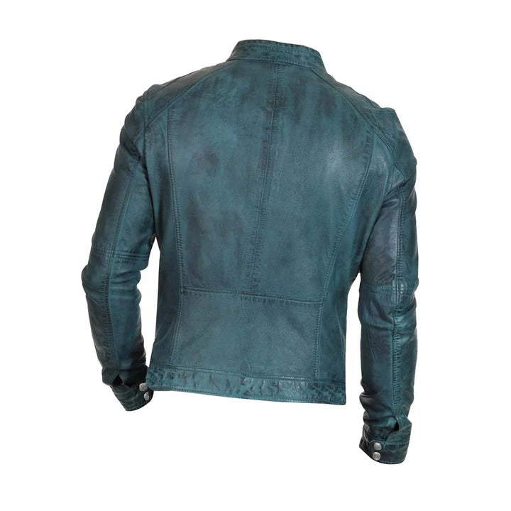 Men’s Blue Distressed Leather Jacket Bold Vintage Style