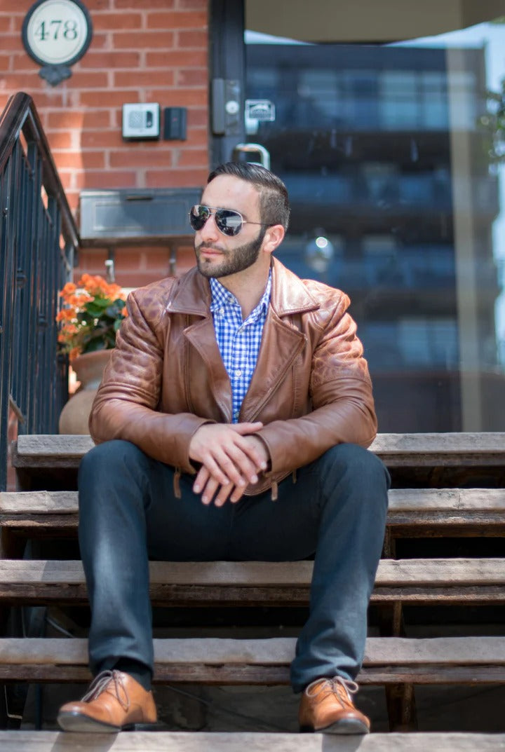 Men’s Distressed Brown Sandwash Biker Leather Jacket Rugged Vintage Edge