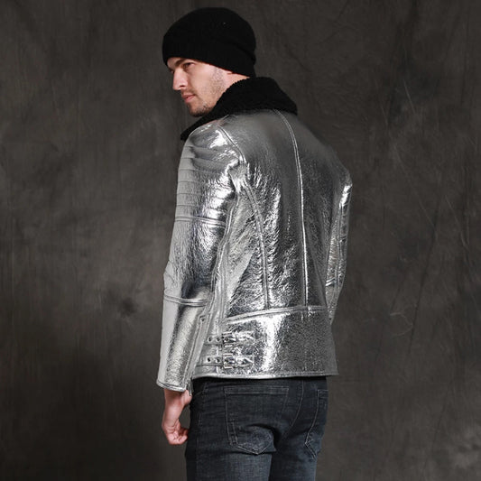 Men's Shiny Silver Aircraft Pilot Shearling Sheepskin Leather Jacket Men's Shiny Silver Aircraft Pilot Shearling Sheepskin Leather Jacket