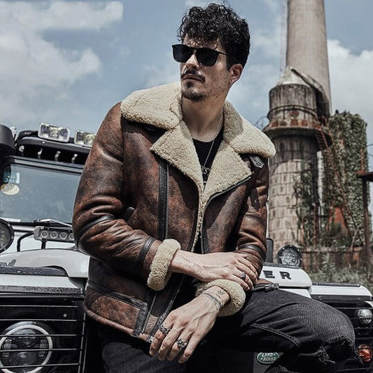 Mens B3 RAF Waxed Brown Flying Aviator Leather Shearling Jacket Coat Mens B3 RAF Waxed Brown Flying Aviator Leather Shearling Jacket Coat