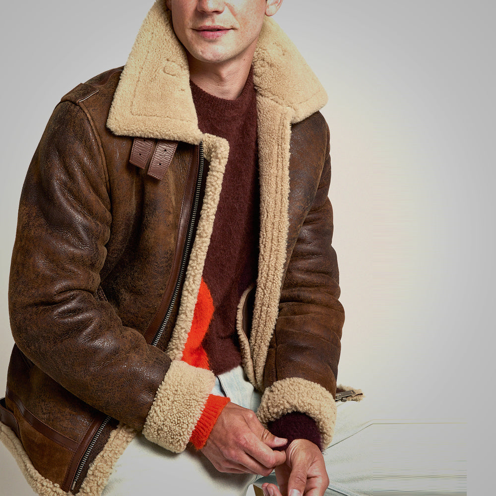 Premium Avanzar Men’s Brown Distressed Leather Shearling Jacket