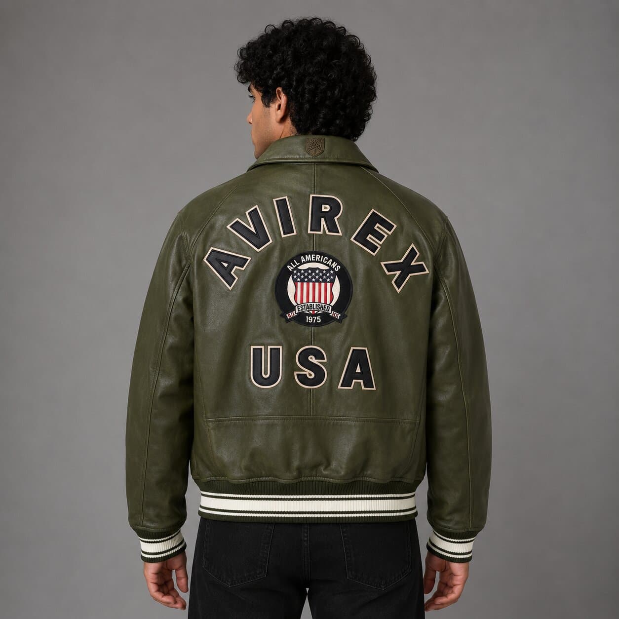 Back view olive green Avirex aviator bomber jacket leather