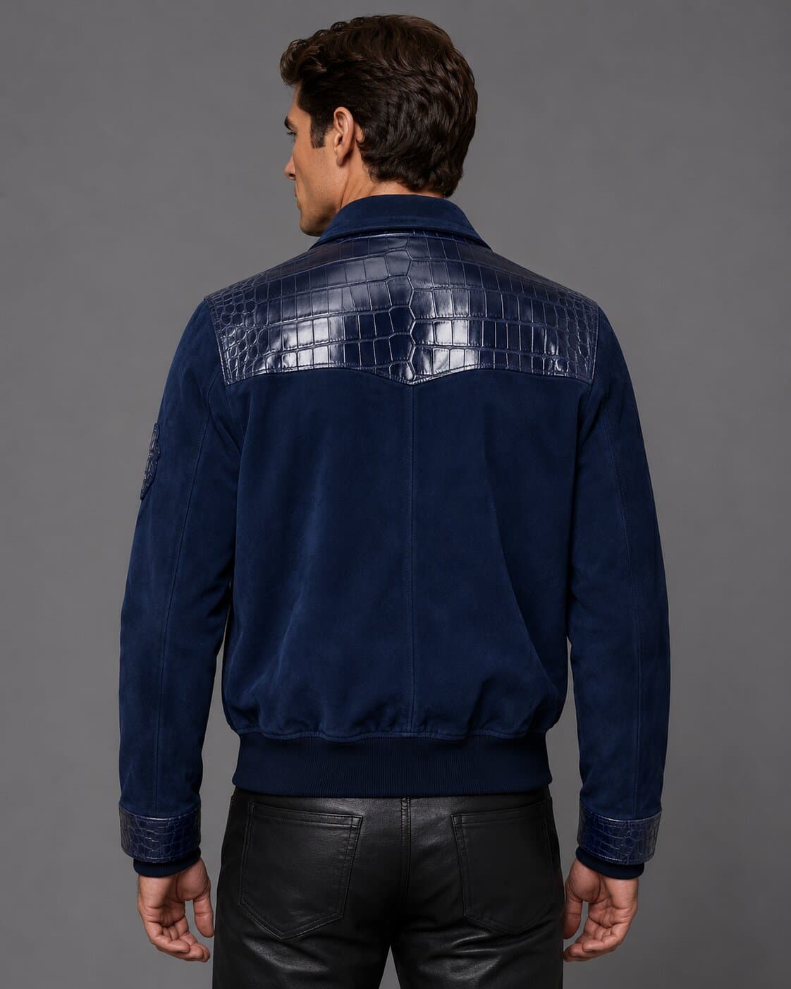 Navy Suede Bomber Jacket with Crocodile Embossed Leather by avanzar leather