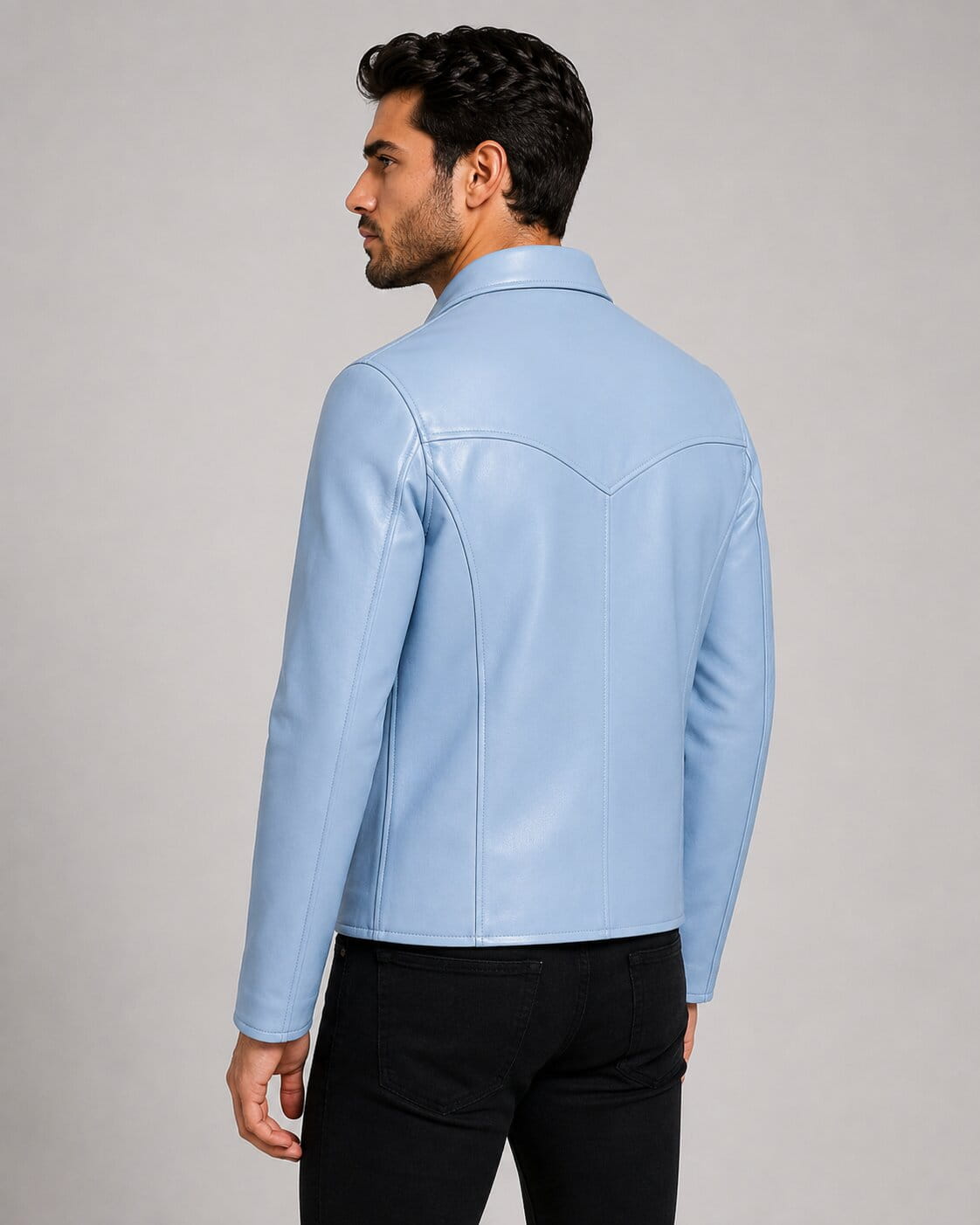 Refresh Your Style With A Men Light Blue Leather Moto Jacket back view by avanzar leather