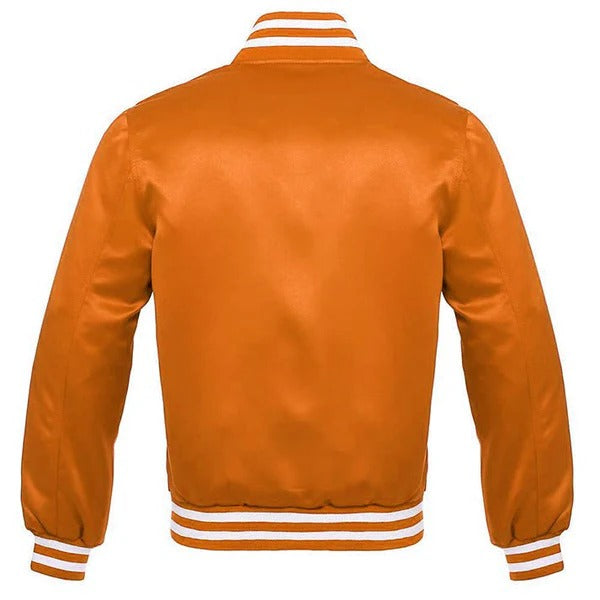 Satin Varsity Jacket – Orange with White Trim