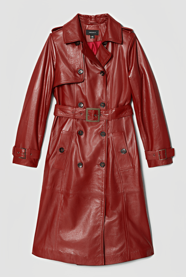 Women's Ox Red Leather Trench Coat