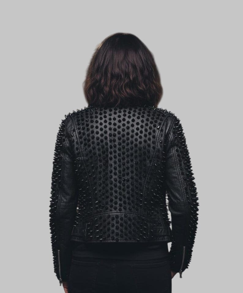 Women Black Brando Studded Rockstar Leather Jacket