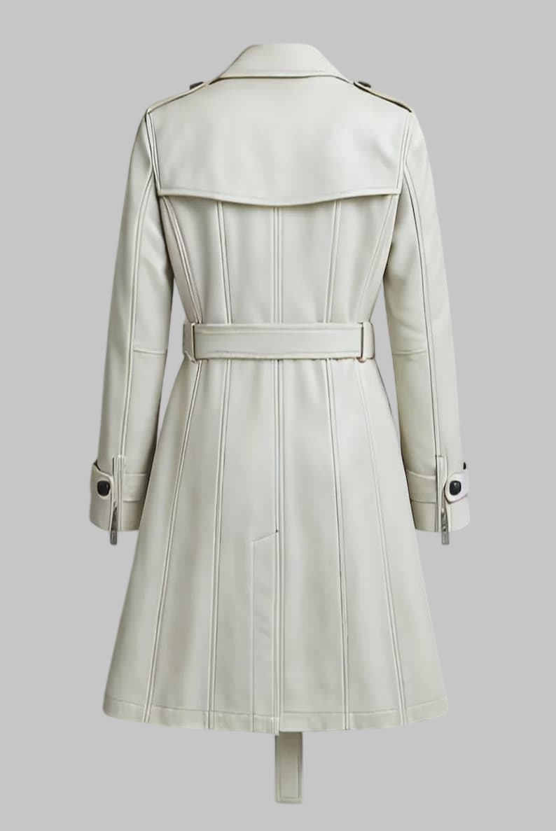 Women White Leather Trench Coat Long