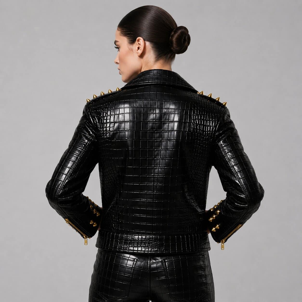 Back view black crocodile textured biker jacket with gold studs by avanzar leather