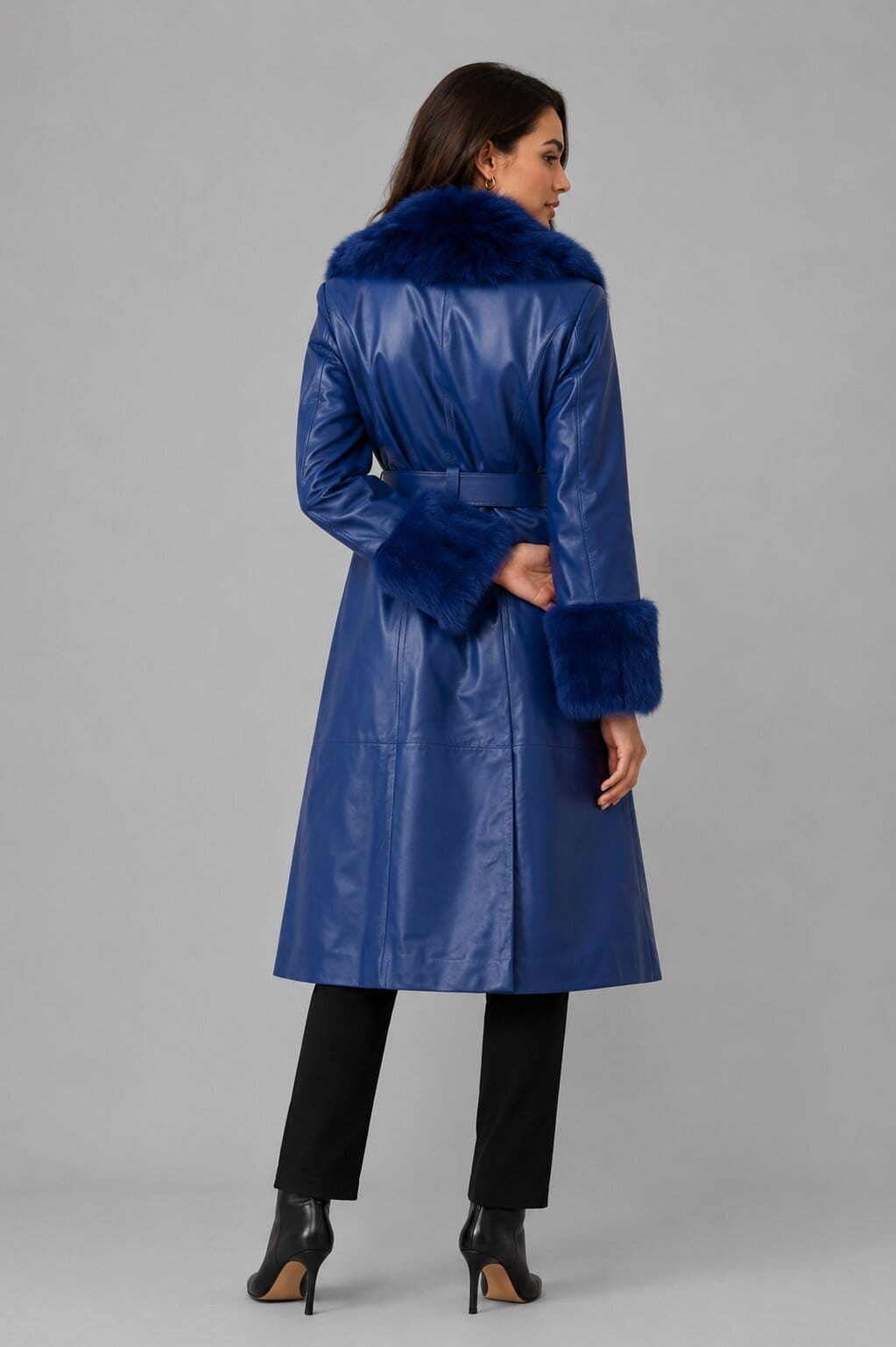 Women's Blue Shearling Leather Coat - Elegant Fur Collar Design back view by avanzar leather