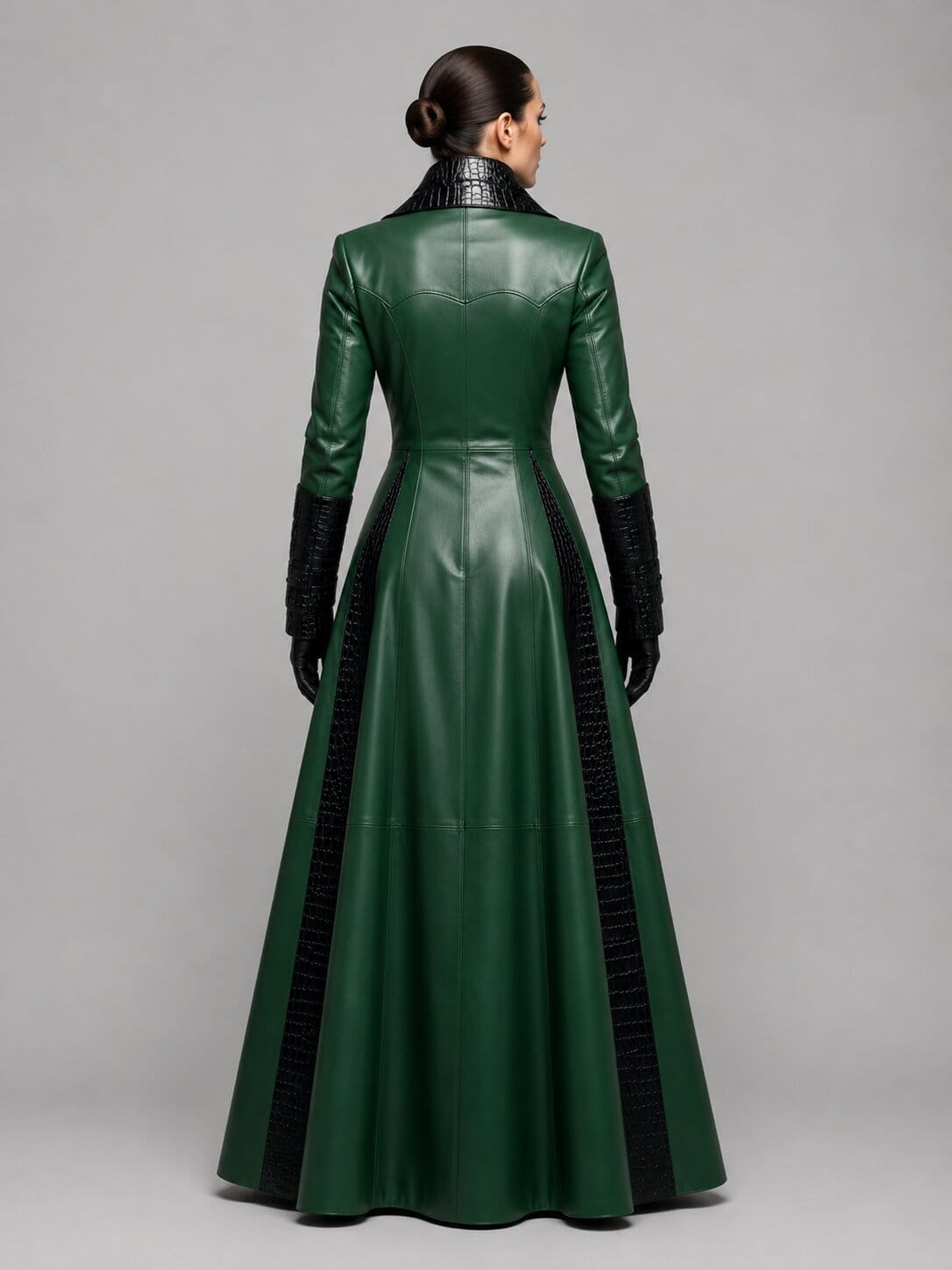 Women's Green Genuine Leather Trench Coat Set with Crocodile Embossed Pant and Gothic Luxury Style by avanzar leather