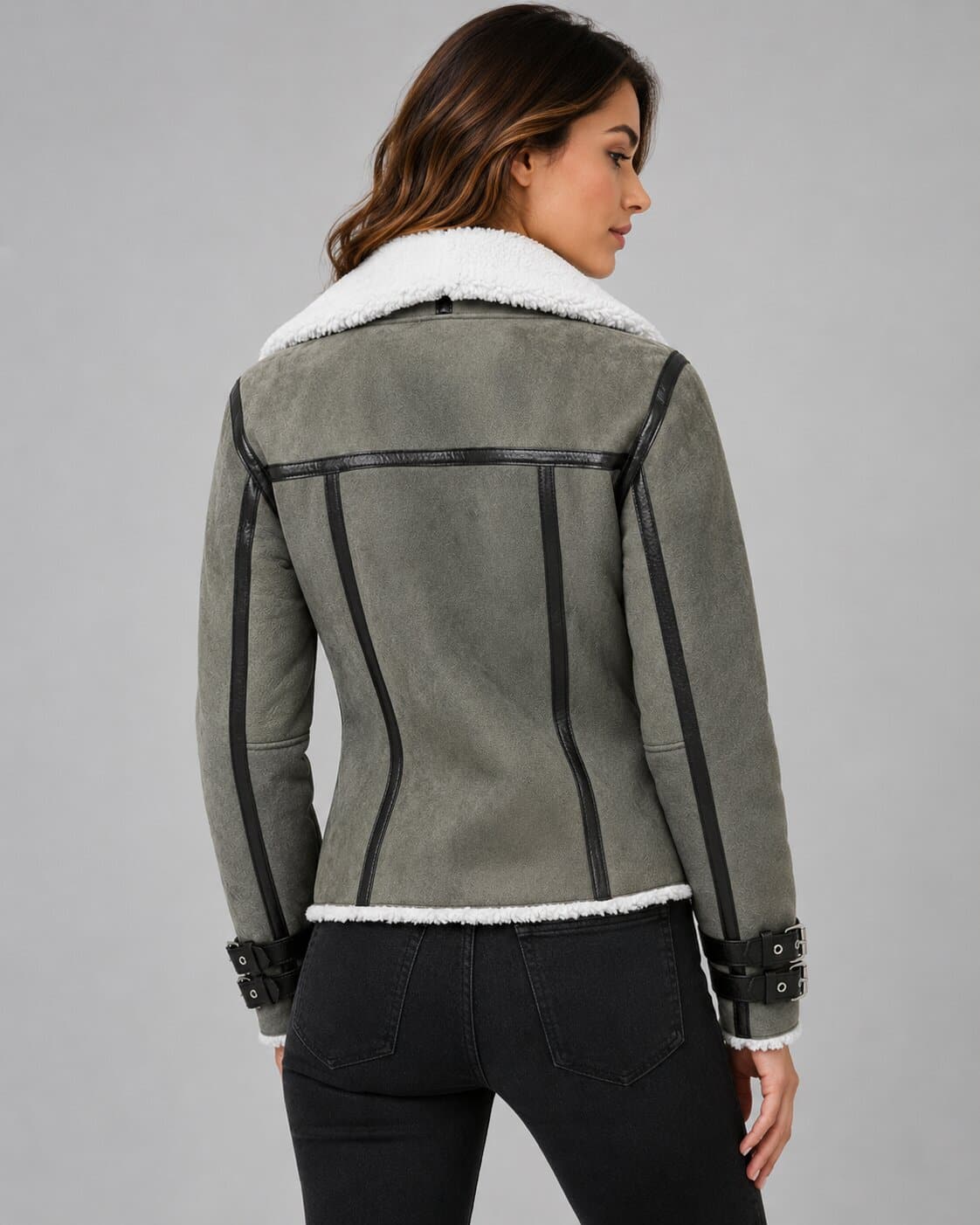 Women's Grey Shearling Leather Jacket - Classic Winter Style back view by avanzar leather