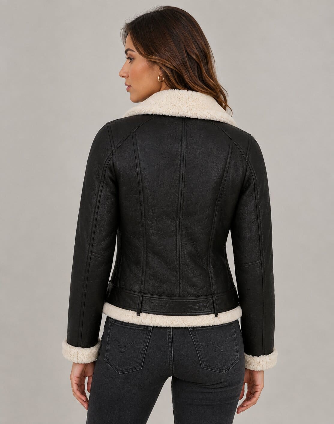 Women's Leather Shearling Biker Jacket - Faux Fur Lined Design back view by avanzar leather