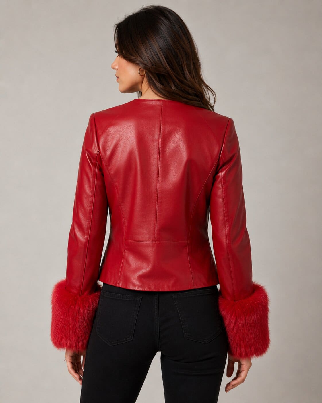Women's Red Leather Biker Jacket - Warm Faux Fur Lined Style back view by avanzar leather