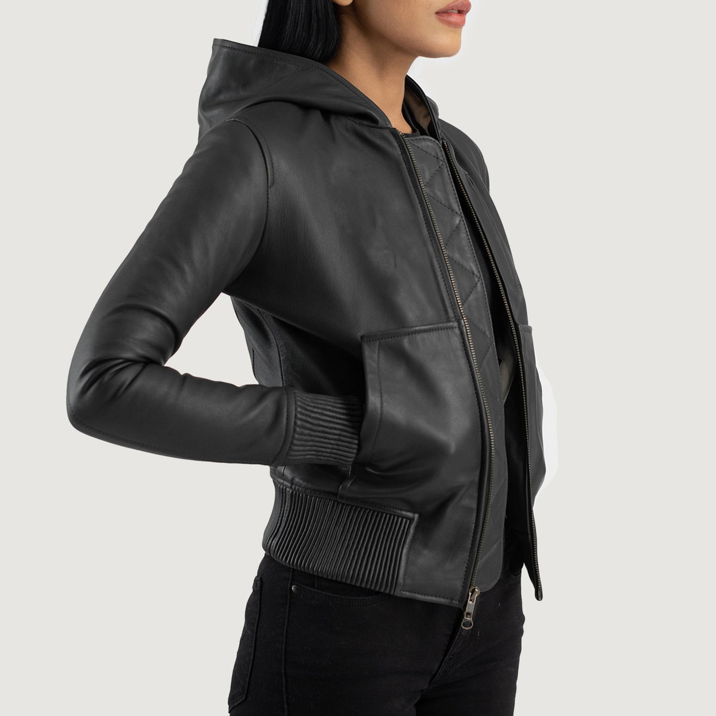 Luna Black Hooded Leather Bomber Jacket Chic, Bold & Versatile