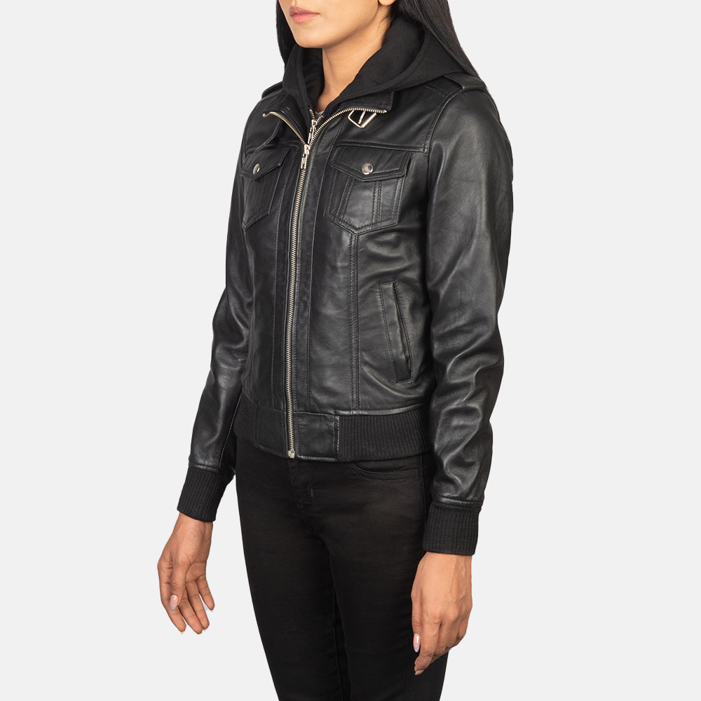 Roslyn Black Hooded Leather Bomber Jacket Bold, Stylish & Versatile