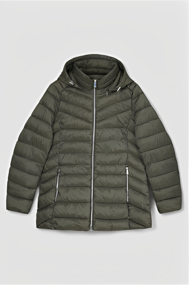 Women's Khaki Puffer Jacket with Hood - Stylish and Cozy